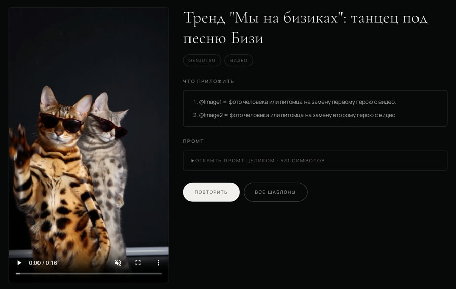 Карточка шаблона «Мы на бизиках» на Presetto с кнопкой «Повторить»