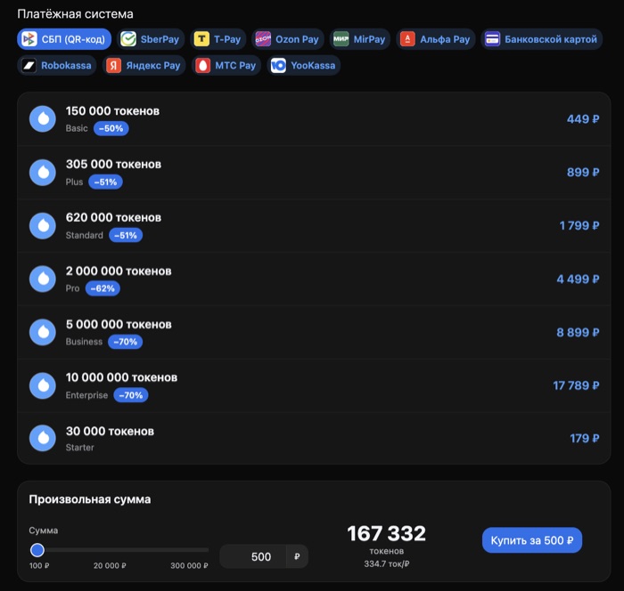 Тарифы NeuralBox: пакеты токенов от 30 000 до 10 000 000 и способы оплаты