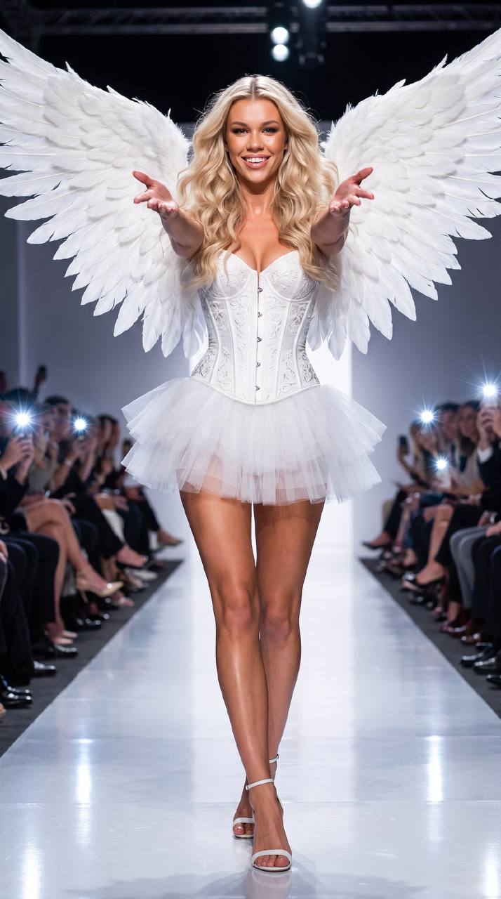 Выход на подиум Victoria's Secret в белом корсете с крыльями из перьев